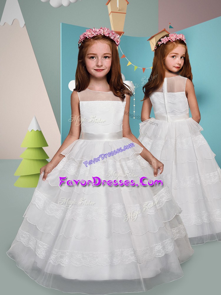  White Flower Girl Dresses for Less Wedding Party with Lace and Ruffled Layers Scoop Sleeveless Zipper