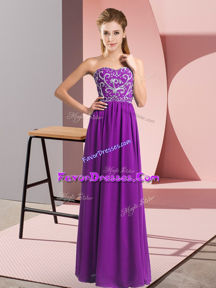 Dramatic Purple Chiffon Lace Up Prom Dress Sleeveless Floor Length Beading