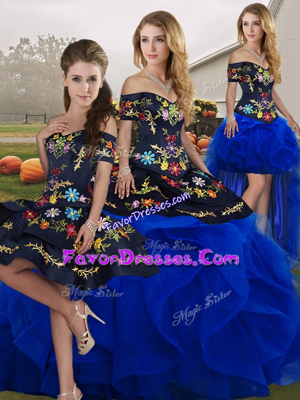  Blue And Black Tulle Lace Up Quince Ball Gowns Sleeveless Floor Length Embroidery and Ruffles