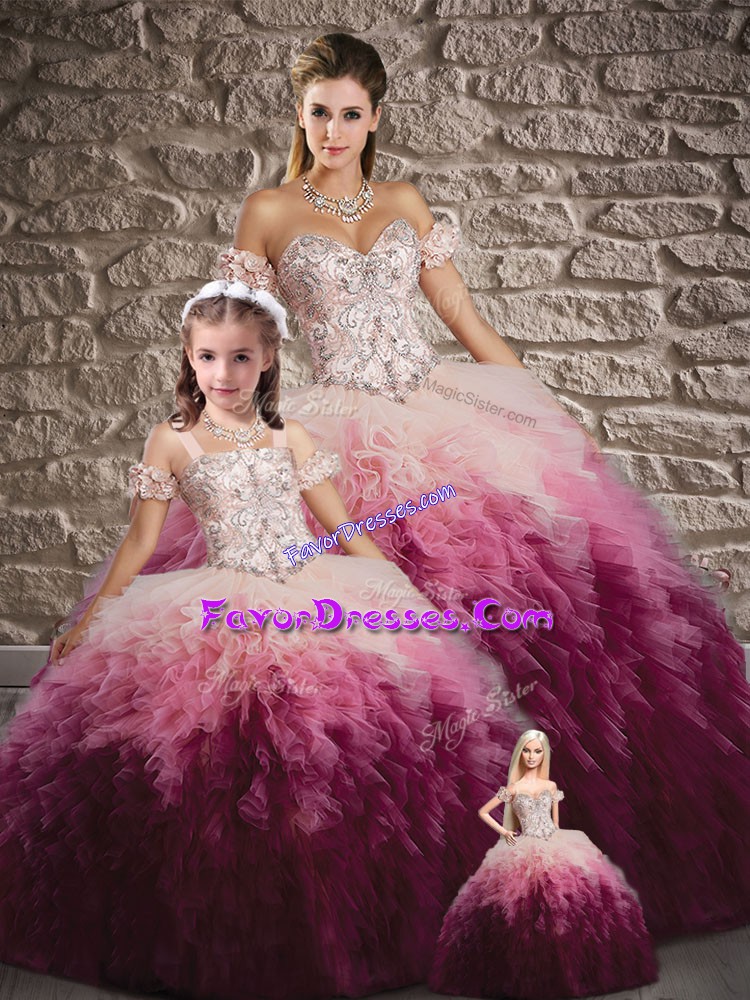 Lovely Multi-color Sweetheart Lace Up Beading and Ruffles Sweet 16 Quinceanera Dress Brush Train Sleeveless