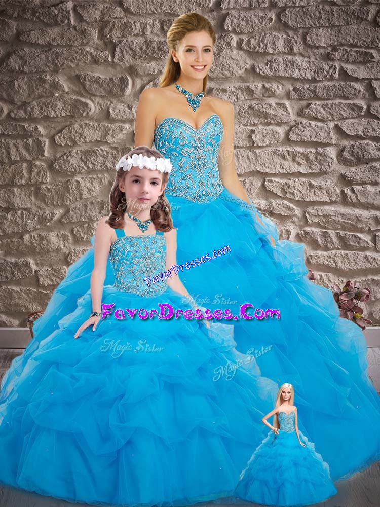 Customized Baby Blue Sleeveless Beading and Pick Ups Lace Up Vestidos de Quinceanera