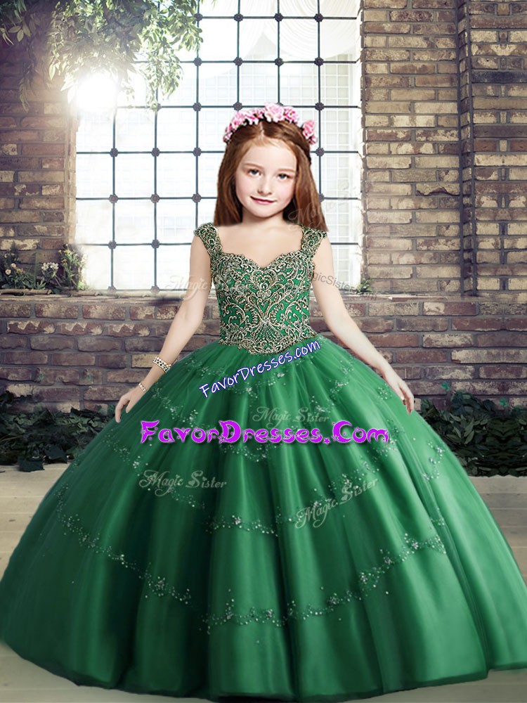 Hot Sale Dark Green Ball Gowns Beading Little Girls Pageant Dress Wholesale Lace Up Tulle Sleeveless Floor Length