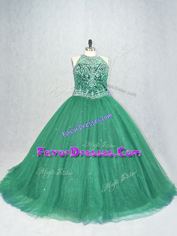  Scoop Sleeveless Brush Train Lace Up Ball Gown Prom Dress Green Tulle