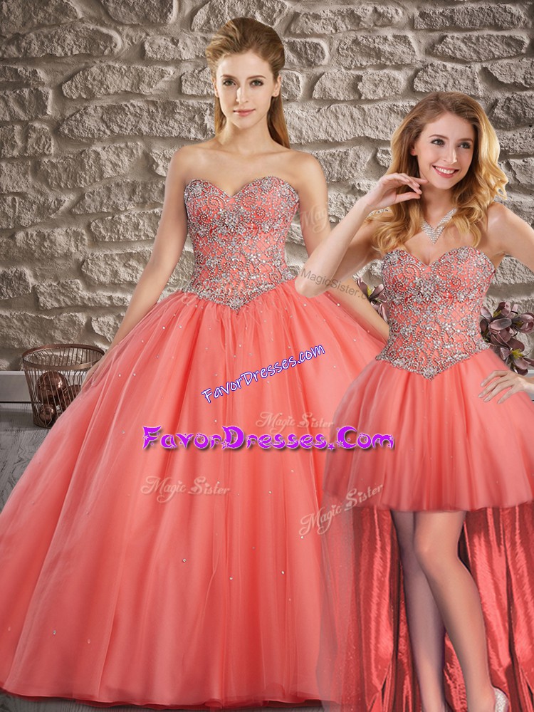 Cheap Lace Up Quinceanera Gown Watermelon Red for Military Ball and Sweet 16 and Quinceanera with Beading Brush Train
