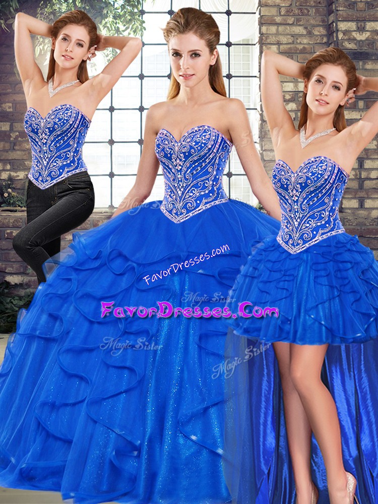  Floor Length Royal Blue 15 Quinceanera Dress Tulle Sleeveless Beading and Ruffles