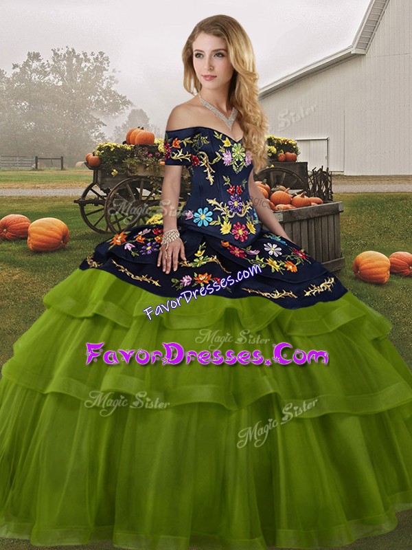  Olive Green Off The Shoulder Neckline Embroidery and Ruffled Layers Quinceanera Gowns Sleeveless Lace Up