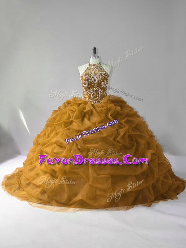 Affordable Brown Organza Lace Up 15 Quinceanera Dress Sleeveless Beading