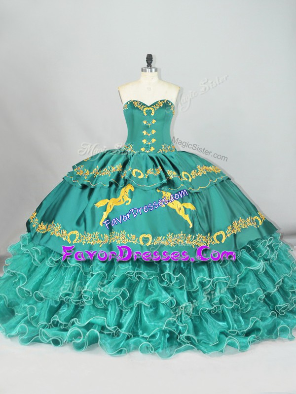  Sleeveless Embroidery and Ruffled Layers Lace Up Sweet 16 Dresses with Turquoise Brush Train