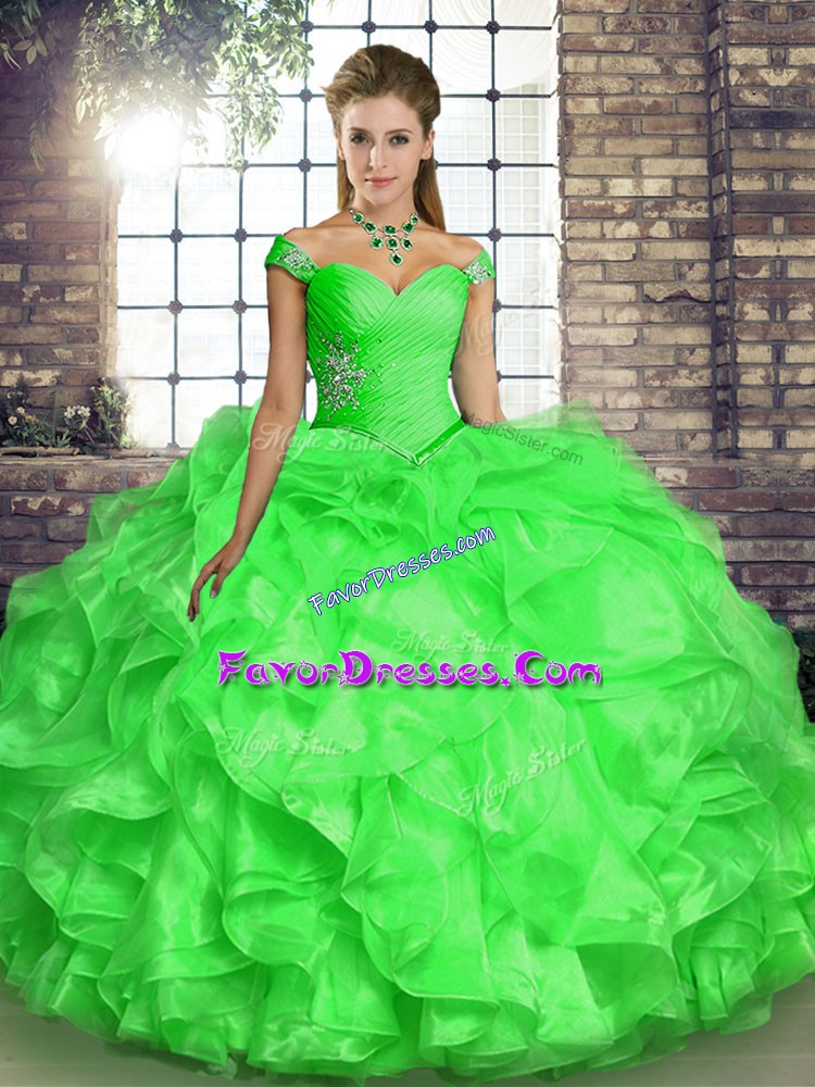  Ball Gowns Off The Shoulder Sleeveless Organza Floor Length Lace Up Beading and Ruffles 15 Quinceanera Dress