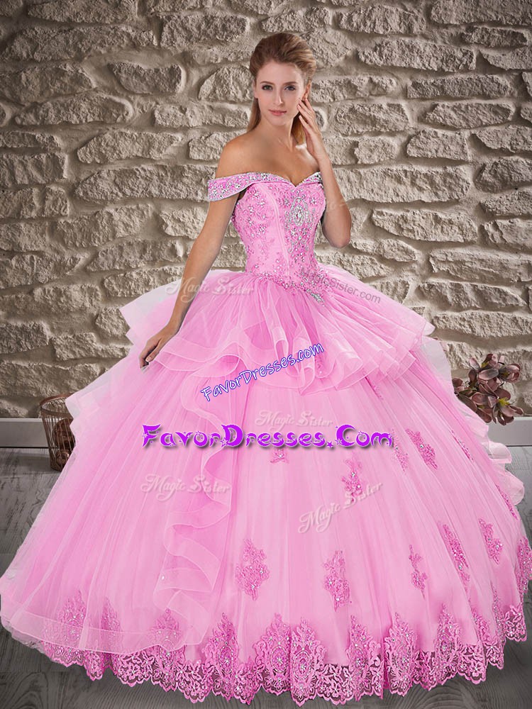 Ball Gowns Quinceanera Gowns Rose Pink Off The Shoulder Tulle Sleeveless Floor Length Lace Up