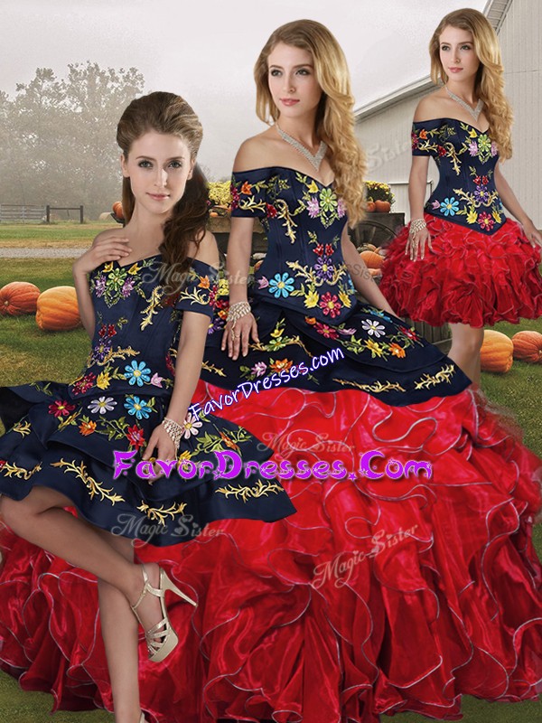 Deluxe Red And Black Ball Gowns Organza Off The Shoulder Sleeveless Embroidery and Ruffles Floor Length Lace Up Quinceanera Dress