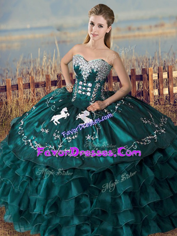 Elegant Peacock Green Ball Gowns Satin and Organza Sweetheart Sleeveless Embroidery and Ruffles Floor Length Lace Up Quinceanera Gown