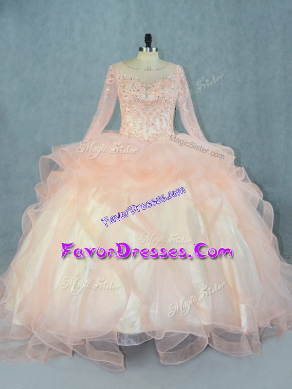  Floor Length Lace Up Vestidos de Quinceanera Peach for Sweet 16 and Quinceanera with Beading and Ruffles