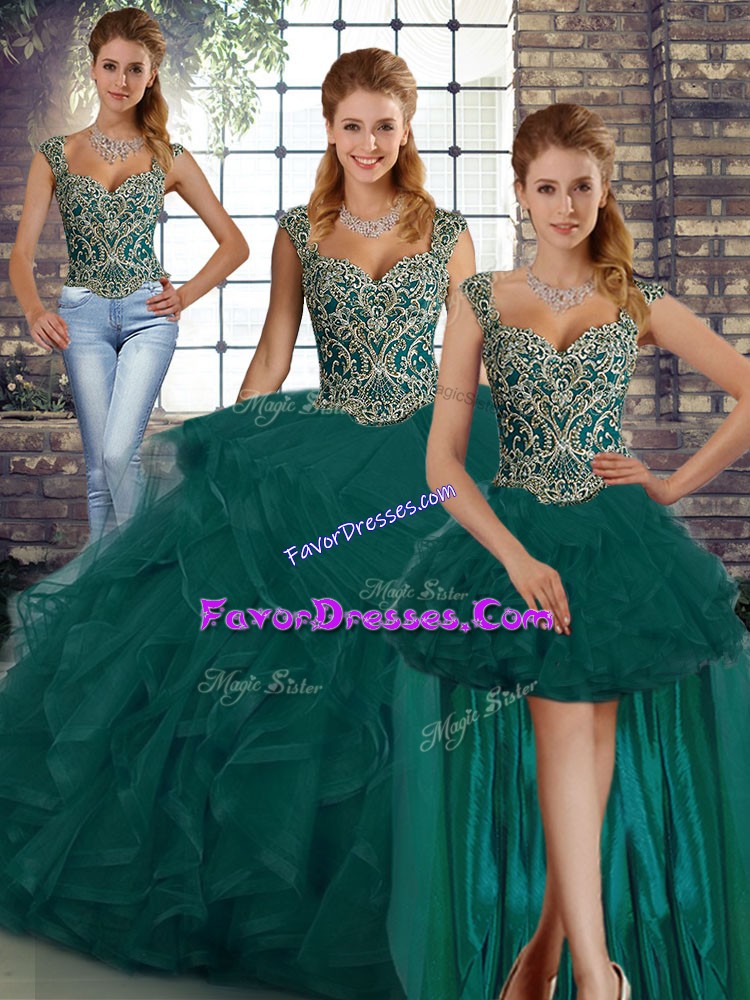  Peacock Green Sweet 16 Quinceanera Dress Military Ball and Sweet 16 and Quinceanera with Beading and Ruffles Straps Sleeveless Lace Up