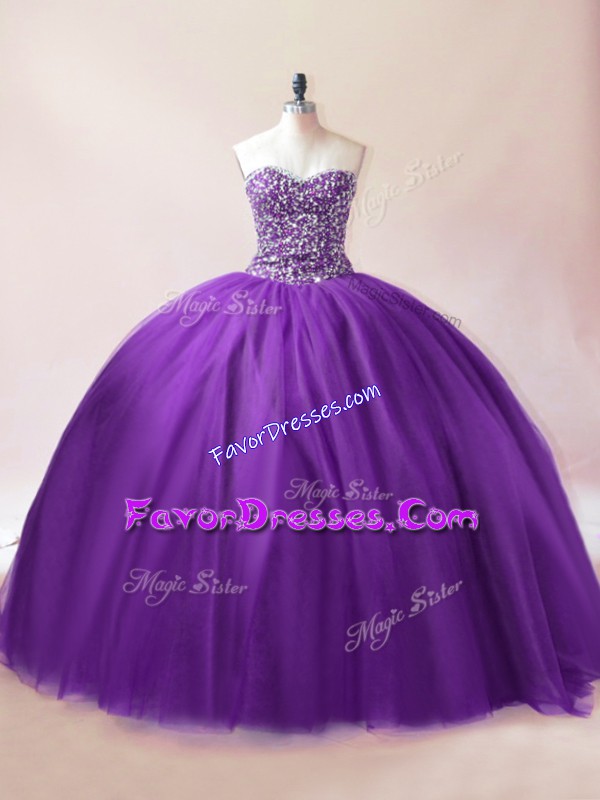  Beading Quinceanera Gowns Purple Lace Up Sleeveless Floor Length