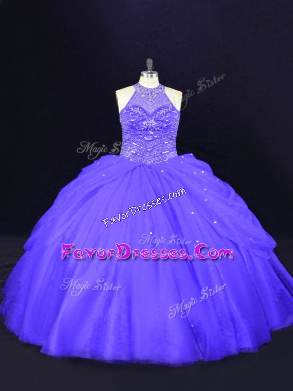 Romantic Sleeveless Floor Length Beading Lace Up Sweet 16 Quinceanera Dress with Purple