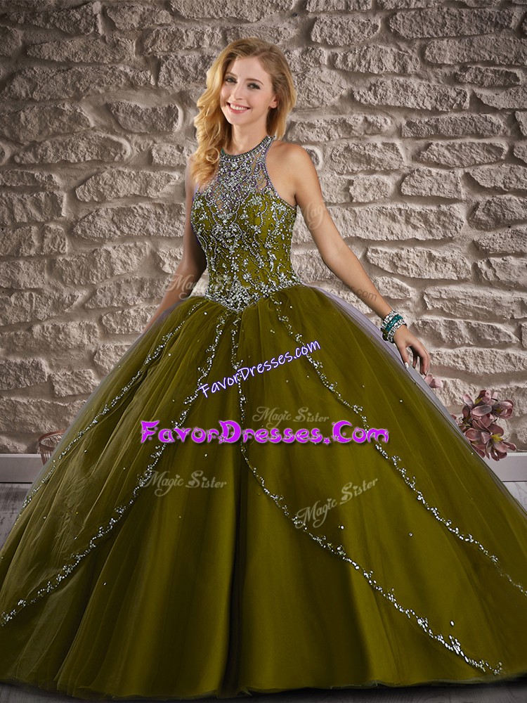  Olive Green Ball Gown Prom Dress Halter Top Sleeveless Brush Train Lace Up