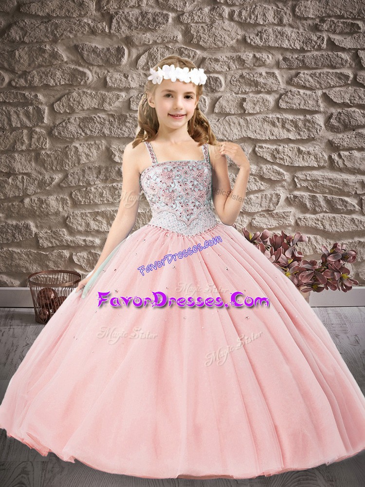 Custom Fit Baby Pink Lace Up Straps Beading and Appliques Girls Pageant Dresses Tulle Sleeveless