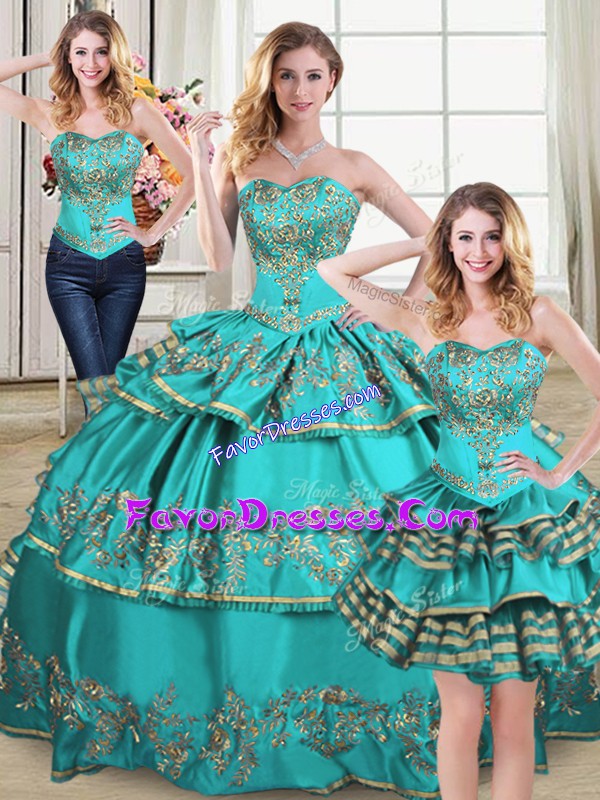 Colorful Aqua Blue Sweetheart Neckline Embroidery and Ruffled Layers Sweet 16 Dress Sleeveless Lace Up