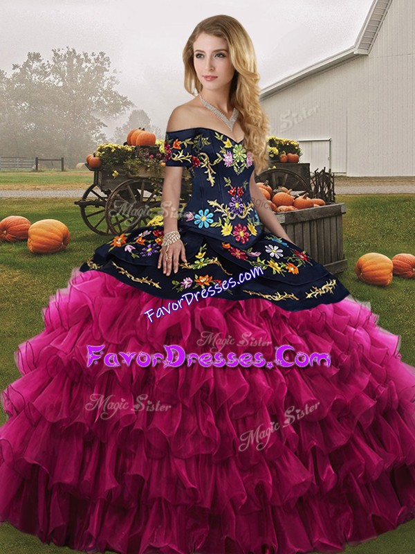 Elegant Fuchsia Quince Ball Gowns Military Ball and Sweet 16 and Quinceanera with Embroidery and Ruffled Layers Off The Shoulder Sleeveless Lace Up