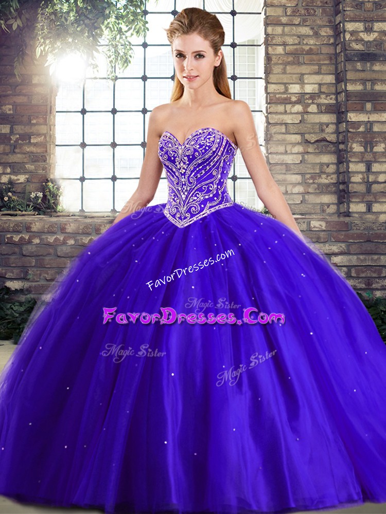 Fashionable Sweetheart Sleeveless Brush Train Lace Up Quinceanera Dress Blue Tulle
