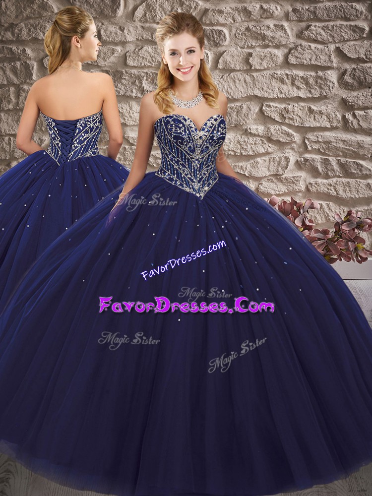 Designer Sweetheart Sleeveless Lace Up Sweet 16 Dresses Navy Blue Tulle