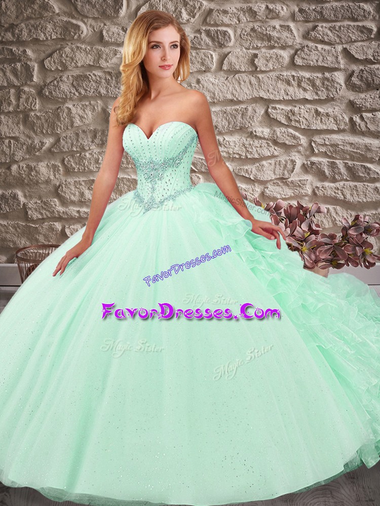 Wonderful Sleeveless Organza and Tulle Court Train Lace Up 15 Quinceanera Dress in Apple Green with Beading and Ruffles