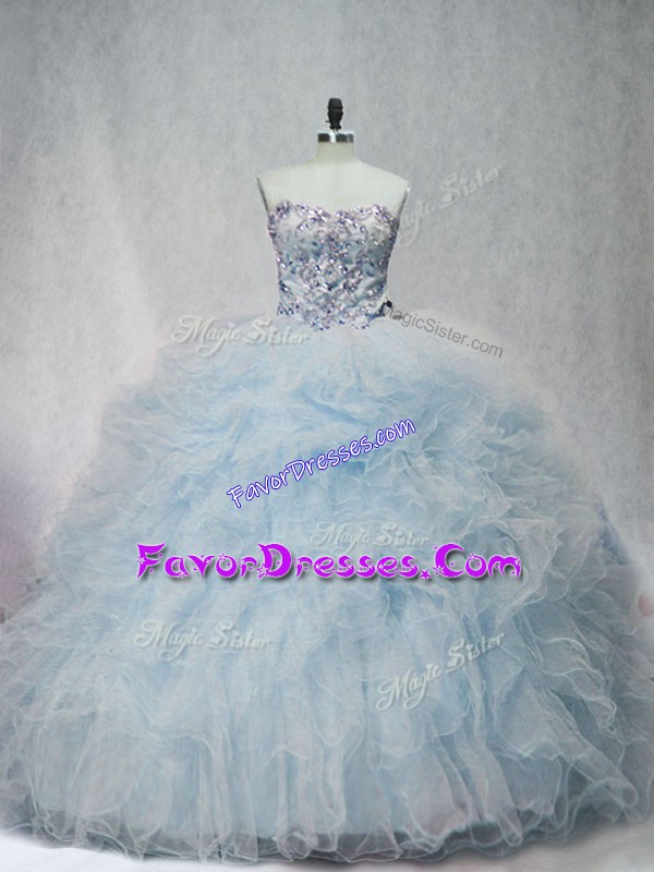 Custom Design Light Blue Lace Up Sweetheart Beading and Ruffles Ball Gown Prom Dress Tulle Sleeveless Brush Train