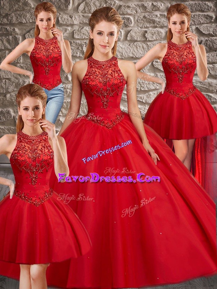  Red Tulle Lace Up High-neck Sleeveless Ball Gown Prom Dress Brush Train Beading