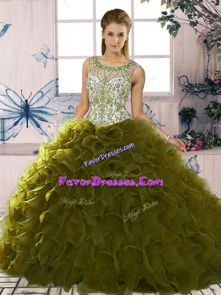 Glorious Olive Green Scoop Neckline Beading and Ruffles Ball Gown Prom Dress Sleeveless Lace Up