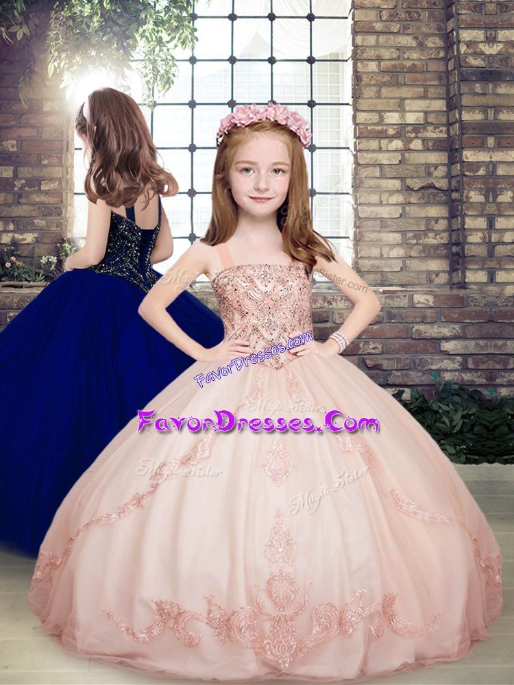 Excellent Floor Length Pink Little Girls Pageant Gowns Straps Sleeveless Lace Up