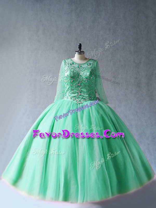 Custom Design Apple Green Tulle Lace Up Scoop Long Sleeves Floor Length Quinceanera Dress Beading