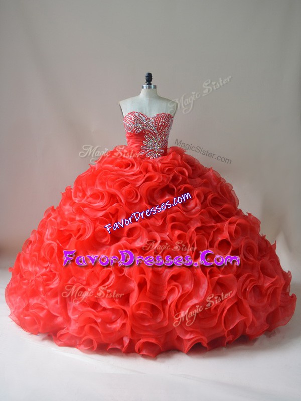  Red Sweetheart Lace Up Beading and Ruffles 15th Birthday Dress Court Train Sleeveless