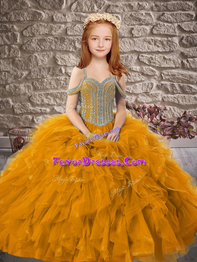  Gold Tulle Lace Up Off The Shoulder Sleeveless Floor Length Child Pageant Dress Beading and Ruffles