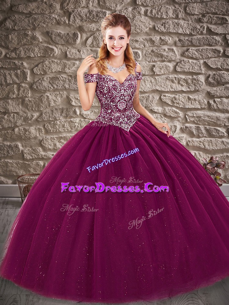  Fuchsia Tulle Lace Up Off The Shoulder Sleeveless Floor Length Sweet 16 Dress Beading