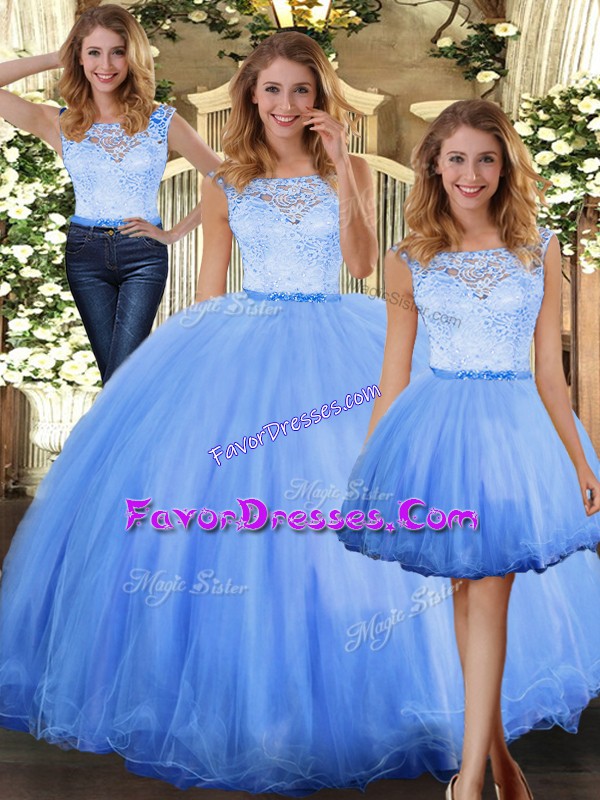  Floor Length Blue Ball Gown Prom Dress Scoop Sleeveless Clasp Handle
