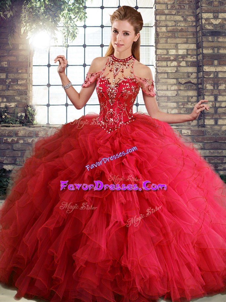 Pretty Floor Length Red Ball Gown Prom Dress Halter Top Sleeveless Lace Up