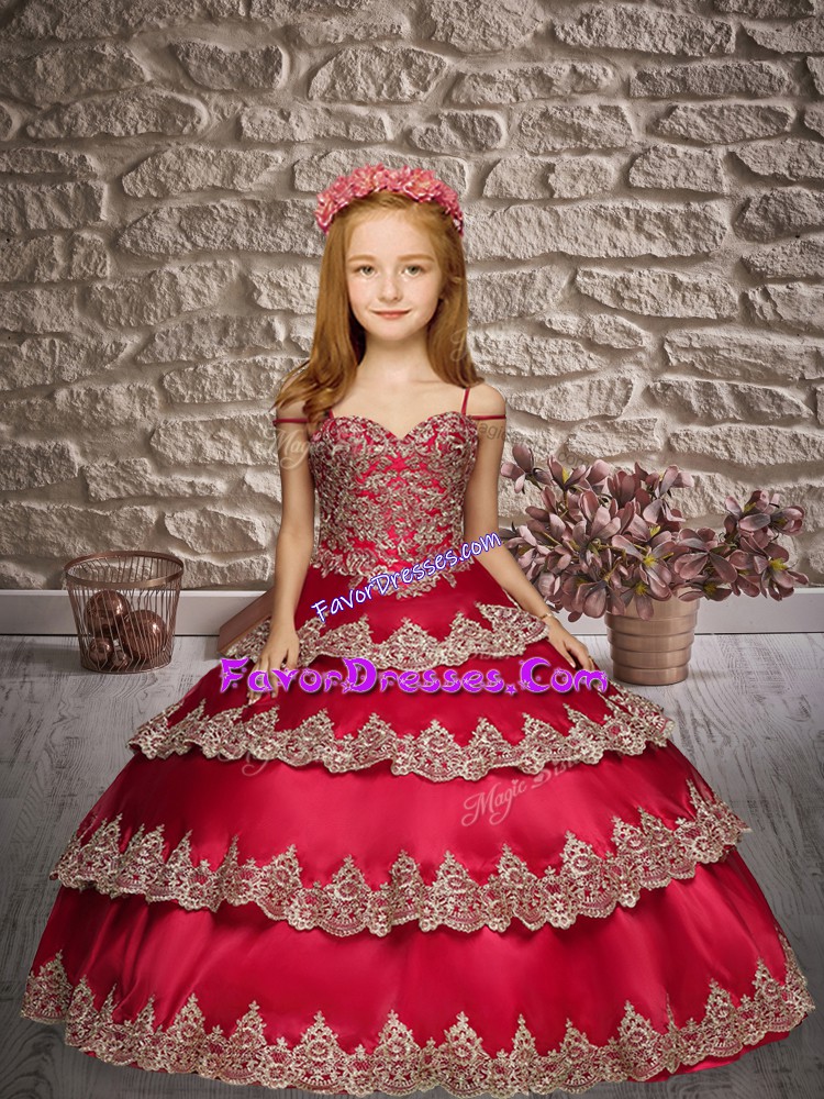 High Class Wine Red Ball Gowns Satin Straps Sleeveless Appliques and Ruffled Layers Floor Length Lace Up Kids Formal Wear