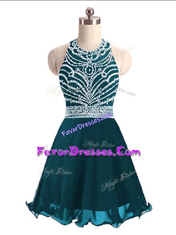 Traditional Halter Top Sleeveless Dress for Prom Mini Length Beading Teal Chiffon