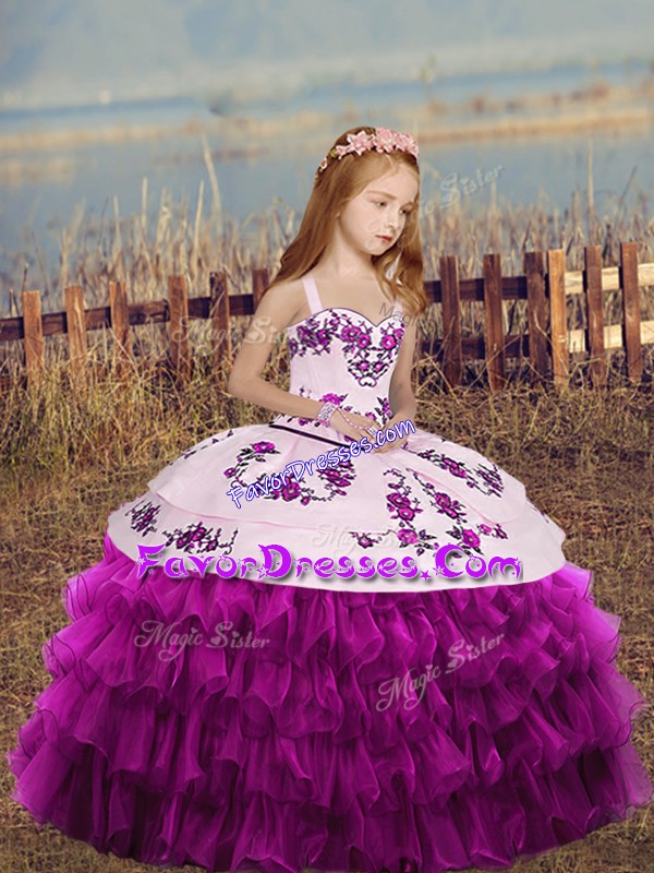  Floor Length Fuchsia Little Girls Pageant Dress Organza Sleeveless Embroidery and Ruffled Layers and Bowknot