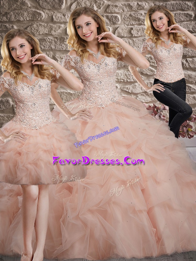  Pink Quince Ball Gowns Military Ball and Sweet 16 and Quinceanera with Lace and Pick Ups Off The Shoulder Sleeveless Sweep Train Lace Up