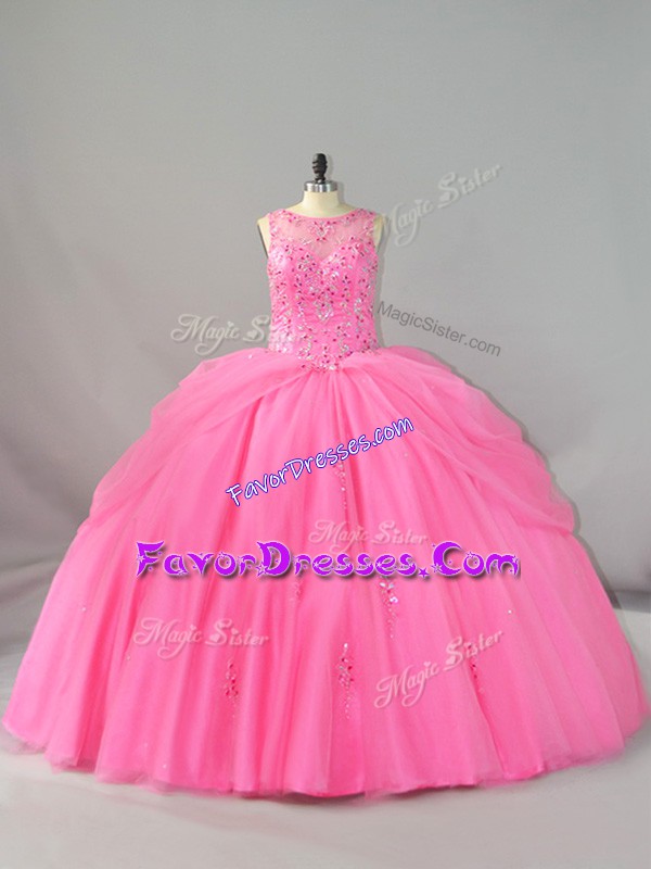  Rose Pink Quinceanera Dresses Scoop Sleeveless Brush Train Lace Up