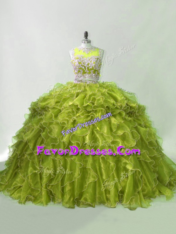 Olive Green Organza Zipper Scoop Sleeveless Quinceanera Gown Brush Train Beading and Ruffles