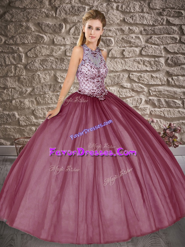  Sleeveless Tulle Floor Length Lace Up Quinceanera Gown in Burgundy with Beading