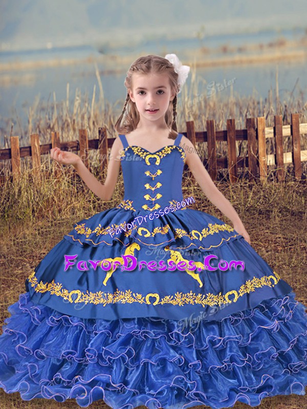  Blue Ball Gowns Straps Sleeveless Organza Floor Length Lace Up Beading and Embroidery and Ruffled Layers Pageant Dress