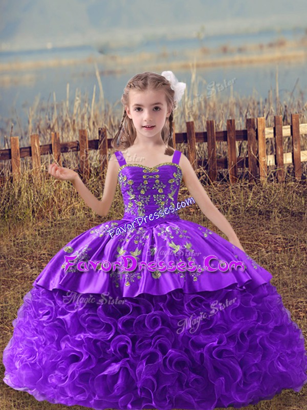  Lavender Ball Gowns Fabric With Rolling Flowers Straps Sleeveless Embroidery Lace Up Child Pageant Dress Sweep Train