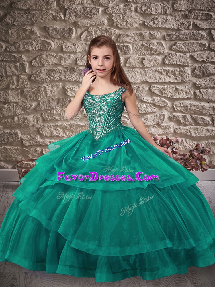 Trendy Ball Gowns Sleeveless Turquoise Girls Pageant Dresses Sweep Train Lace Up