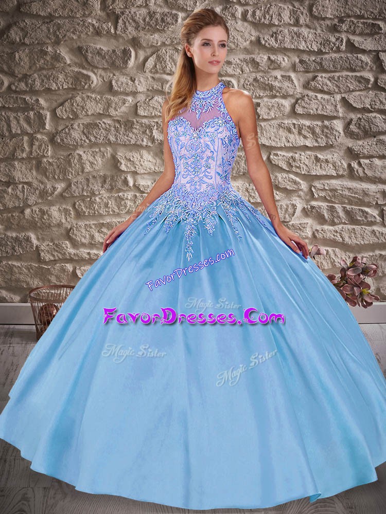 Discount Sleeveless Satin Brush Train Lace Up 15 Quinceanera Dress in Baby Blue with Embroidery