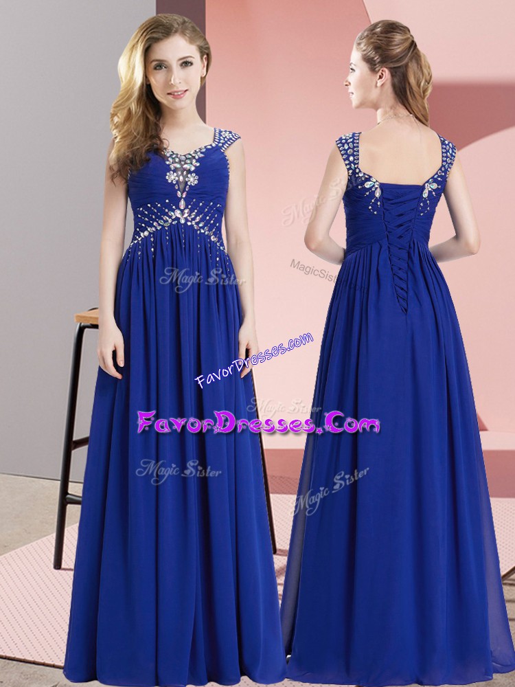  Royal Blue Sleeveless Floor Length Beading Lace Up Prom Party Dress