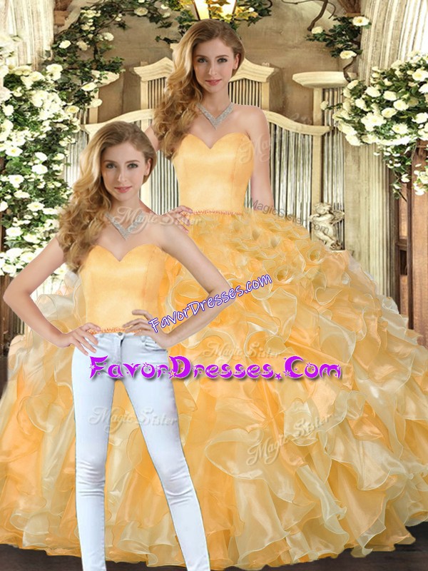 Fancy Gold Sweetheart Neckline Beading and Ruffles Sweet 16 Quinceanera Dress Sleeveless Lace Up